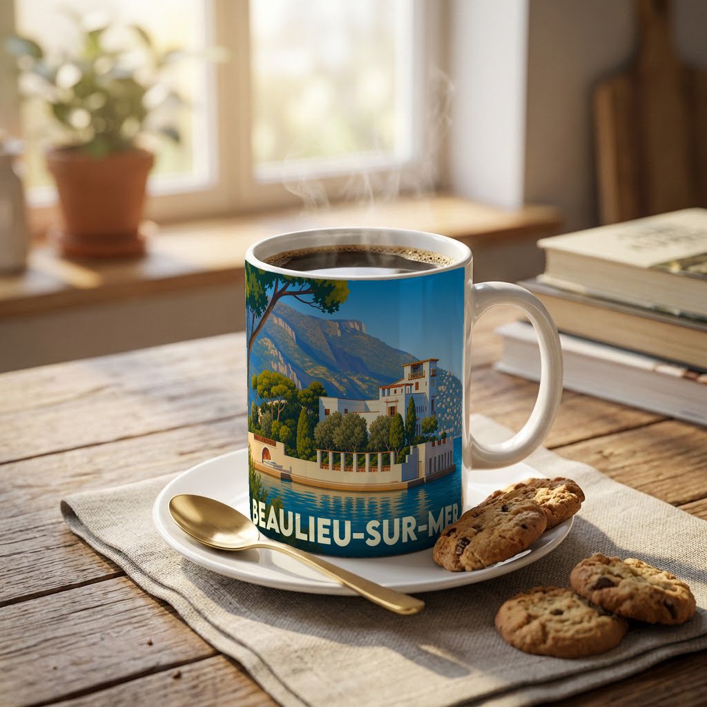 Mug souvenir de la ville de Beaulieu-sur-Mer avec une illustration stylisée du littoral.