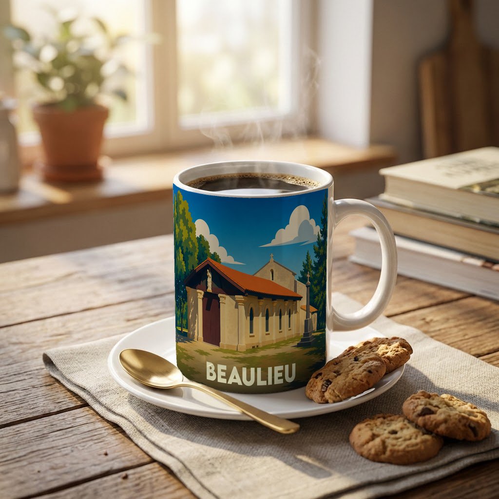 Mug souvenir de la ville de Beaulieu illustré d'une église sous un ciel bleu.