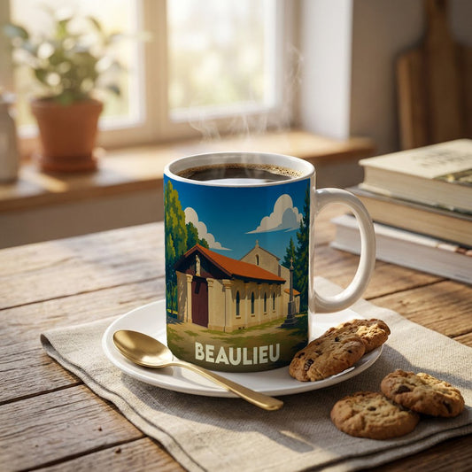 Mug souvenir de la ville de Beaulieu illustré d'une église sous un ciel bleu.