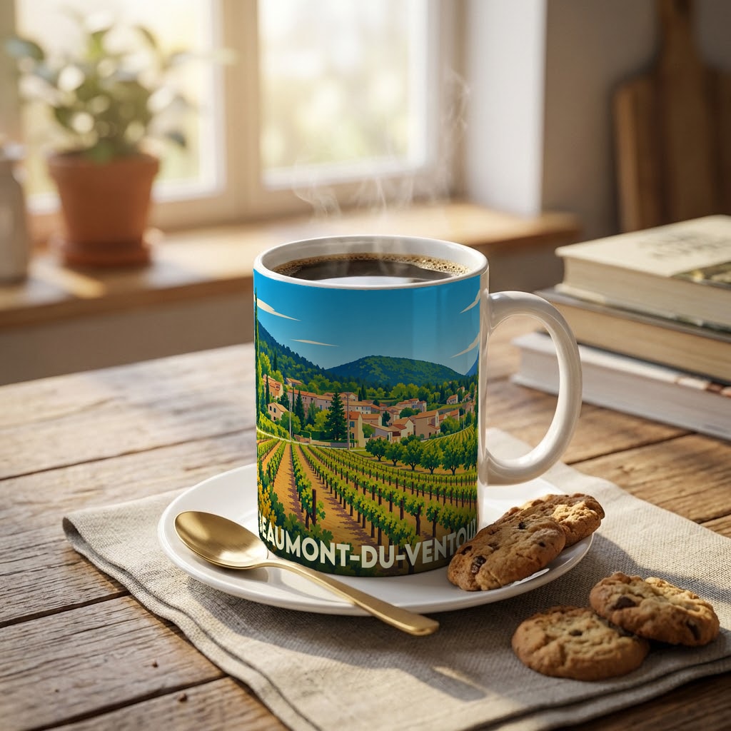 Mug souvenir de la ville de Beaumont-du-Ventoux orné d'une illustration stylisée de son paysage de vignobles.