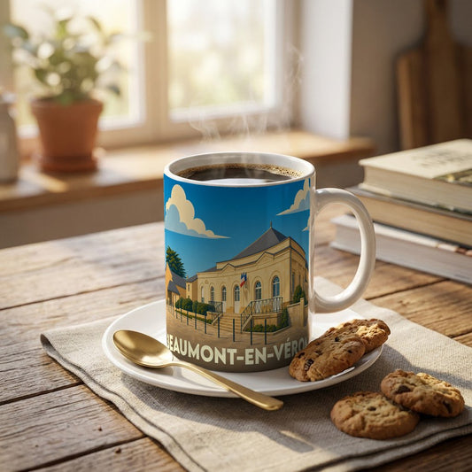 Mug souvenir de la ville de Beaumont-en-Véron avec une illustration stylisée de sa mairie.