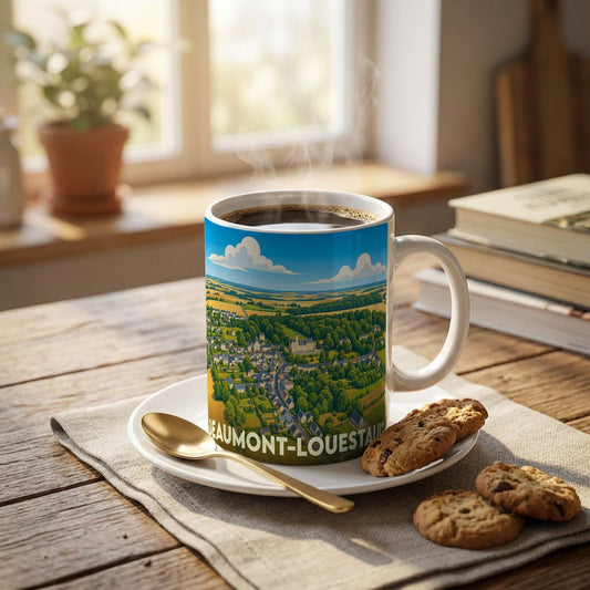Mug souvenir de la ville de Beaumont-Louestault orné d'une illustration panoramique stylisée.