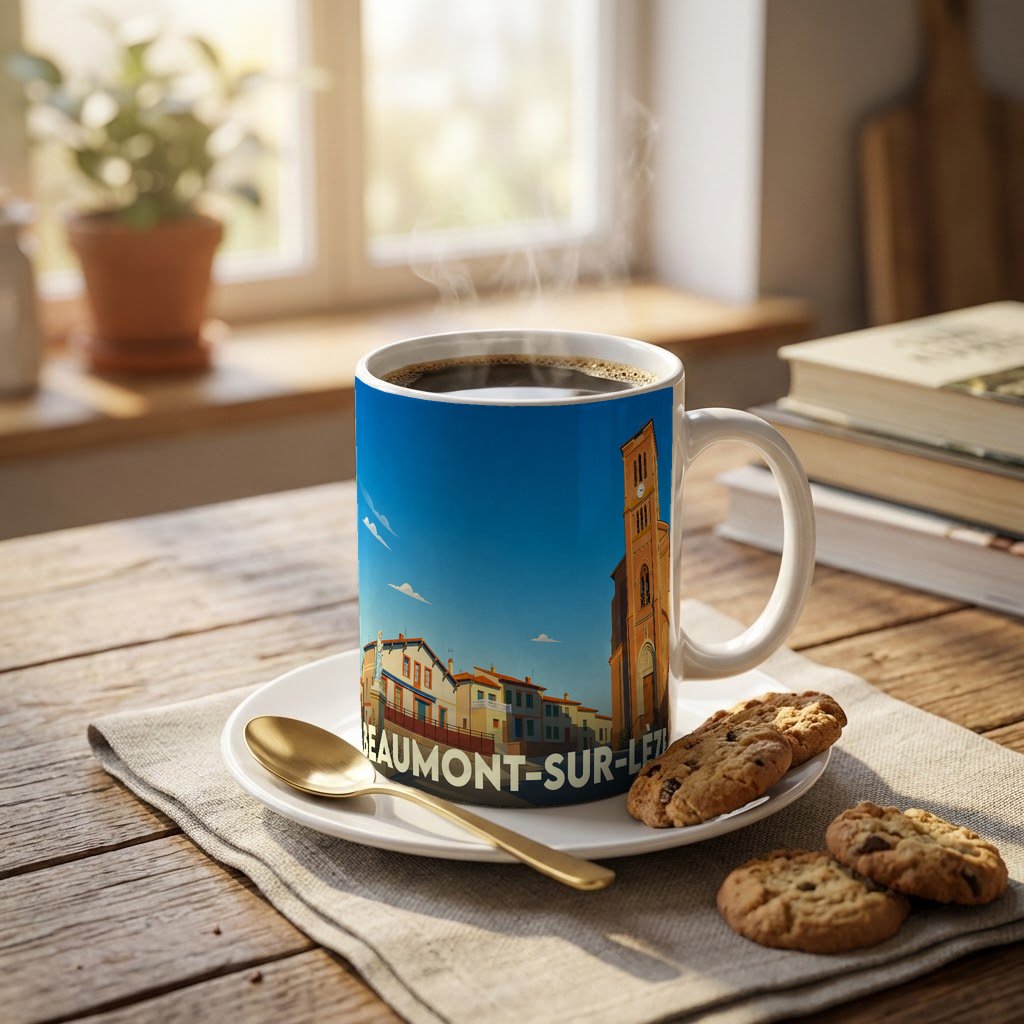 Mug souvenir de la ville de Beaumont-sur-Lèze avec une illustration stylisée.