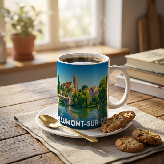 Mug souvenir de la ville de Beaumont-sur-Oise avec une illustration stylisée des bords de l'Oise.