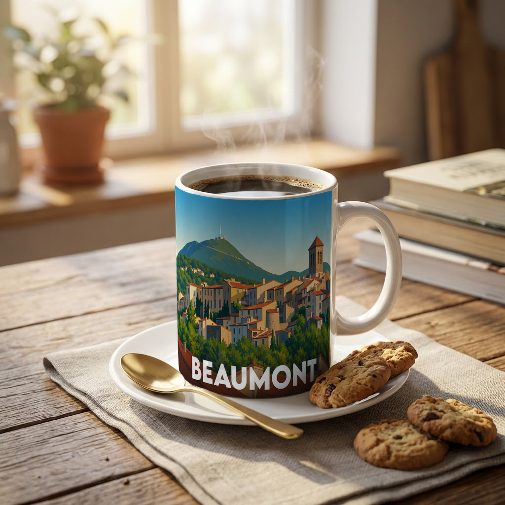 Mug souvenir de la ville de Beaumont orné d'une illustration stylisée de son paysage urbain et de ses collines.