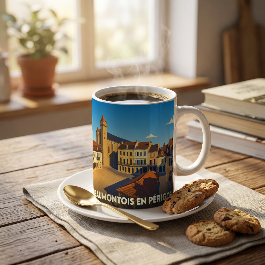 Mug souvenir de la ville de Beaumontois en Périgord avec une illustration stylisée.