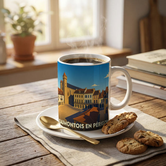 Mug souvenir de la ville de Beaumontois en Périgord avec une illustration stylisée.
