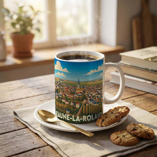 Mug souvenir de la ville de Beaune-la-Rolande orné d'une illustration panoramique colorée.