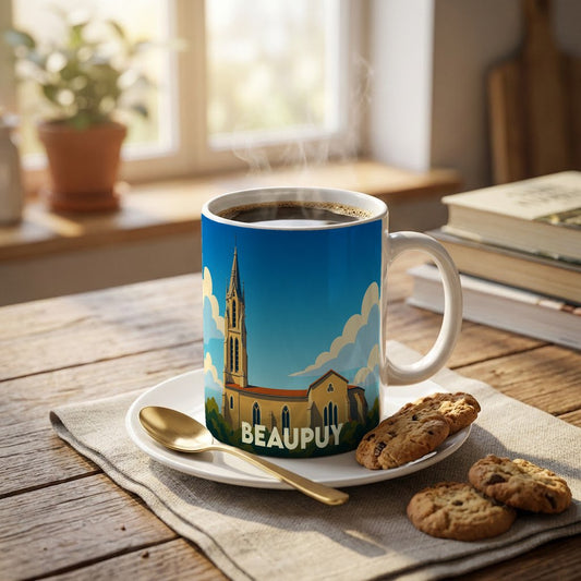 Mug souvenir de la ville de Beaupuy avec une illustration stylisée d'une église.
