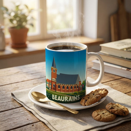 Mug souvenir de la ville de Beaurains avec une illustration stylisée de son église.
