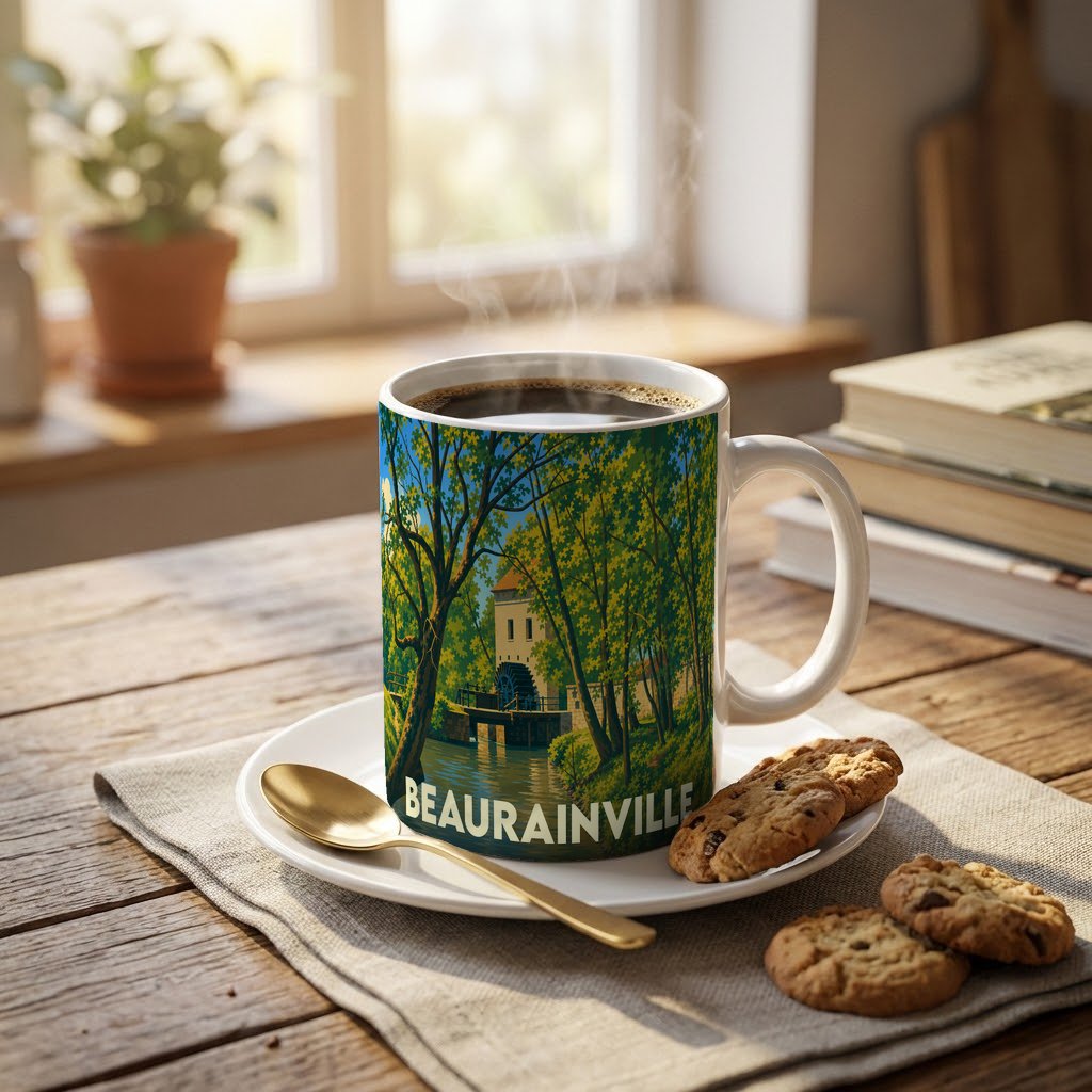 Mug souvenir de la ville de Beaurainville orné d'une illustration stylisée représentant un moulin à eau et sa forêt.