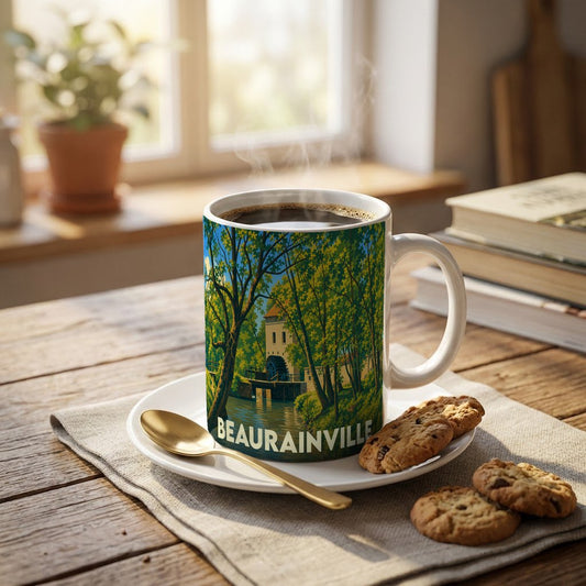 Mug souvenir de la ville de Beaurainville orné d'une illustration stylisée représentant un moulin à eau et sa forêt.