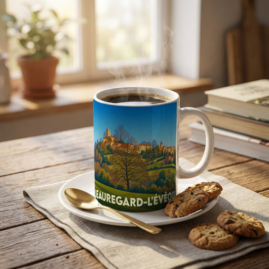Mug souvenir de la ville de Beauregard-l'Évêque avec une illustration stylisée d'un paysage vallonné.