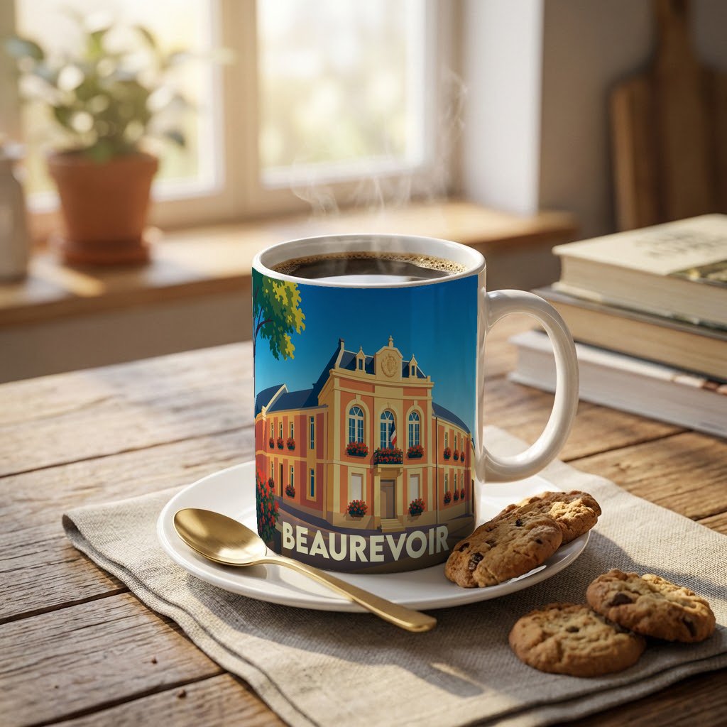 Mug souvenir de la ville de Beaurevoir orné d'une illustration stylisée de l'hôtel de ville.