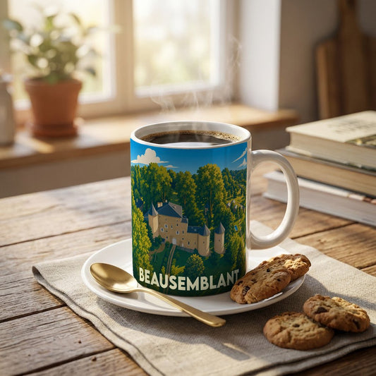 Mug souvenir de la ville de Beausemblant avec une illustration stylisée d'un château entouré de forêt.
