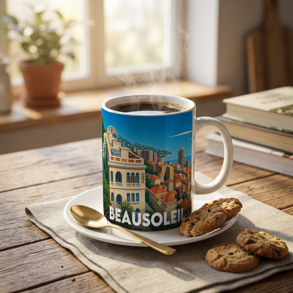 Mug souvenir de la ville de Beausoleil avec une illustration stylisée.