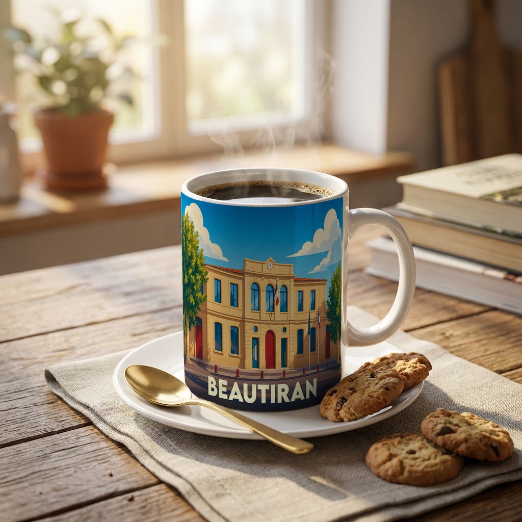 Mug souvenir de la ville de Beautiran orné d'une illustration stylisée de sa mairie.