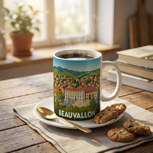 Mug souvenir de la ville de Beauvallon orné d'une illustration paysagère stylisée.
