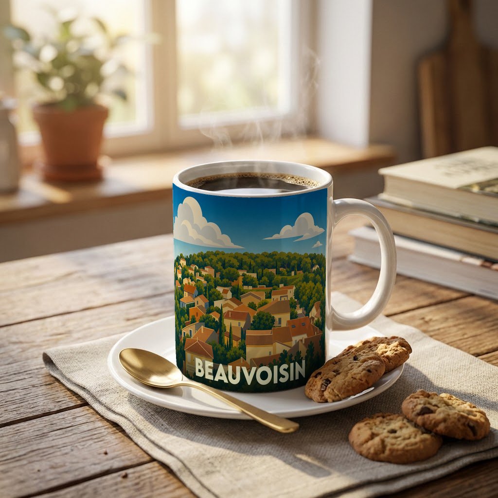 Mug souvenir de la ville de Beauvoisin avec une illustration stylisée de maisons provençales.