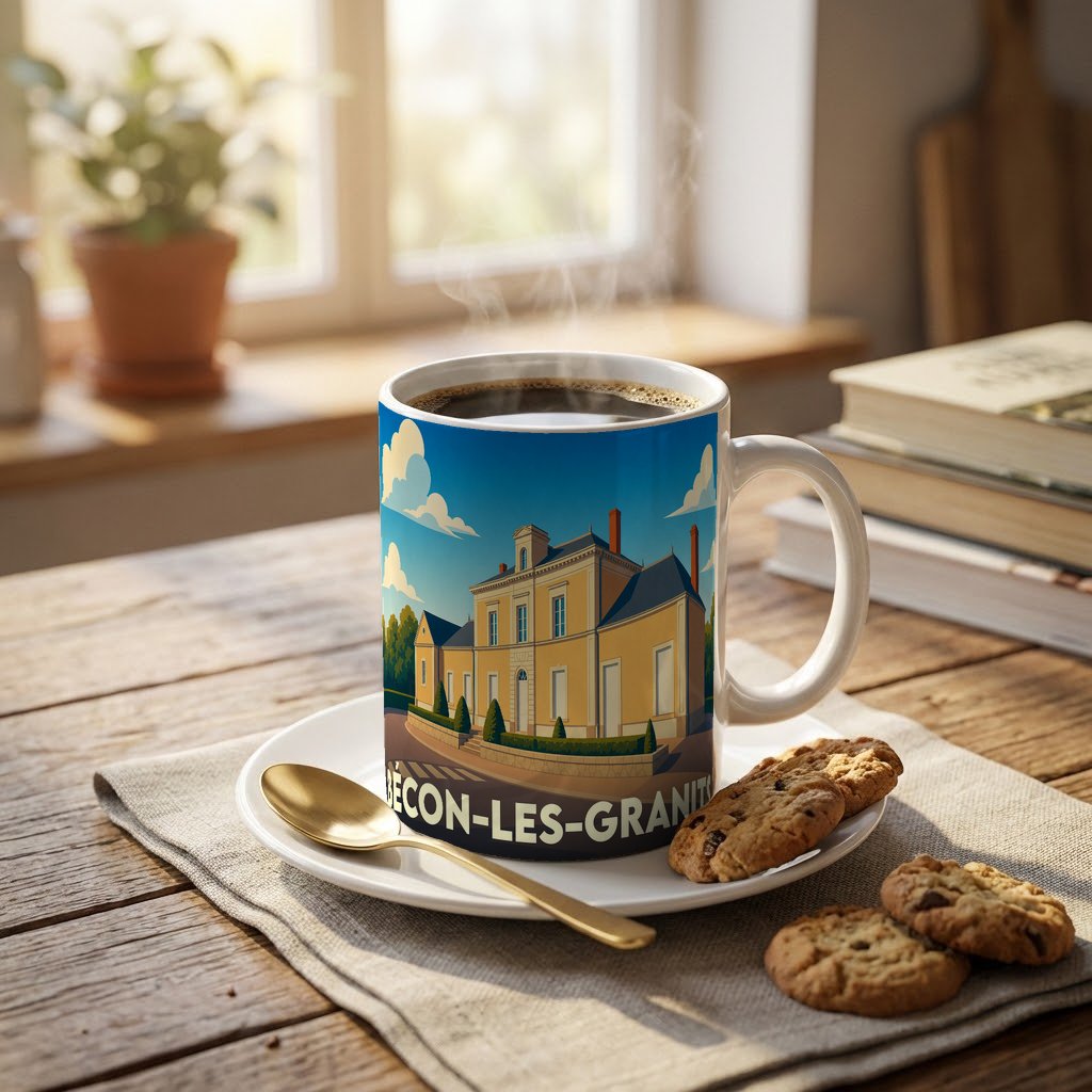 Mug souvenir de la ville de Bécon-les-Granits avec une illustration stylisée d'un bâtiment historique.