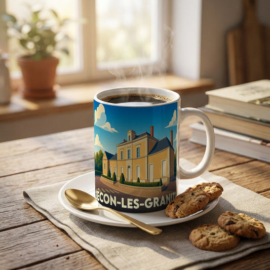 Mug souvenir de la ville de Bécon-les-Granits avec une illustration stylisée d'un bâtiment historique.