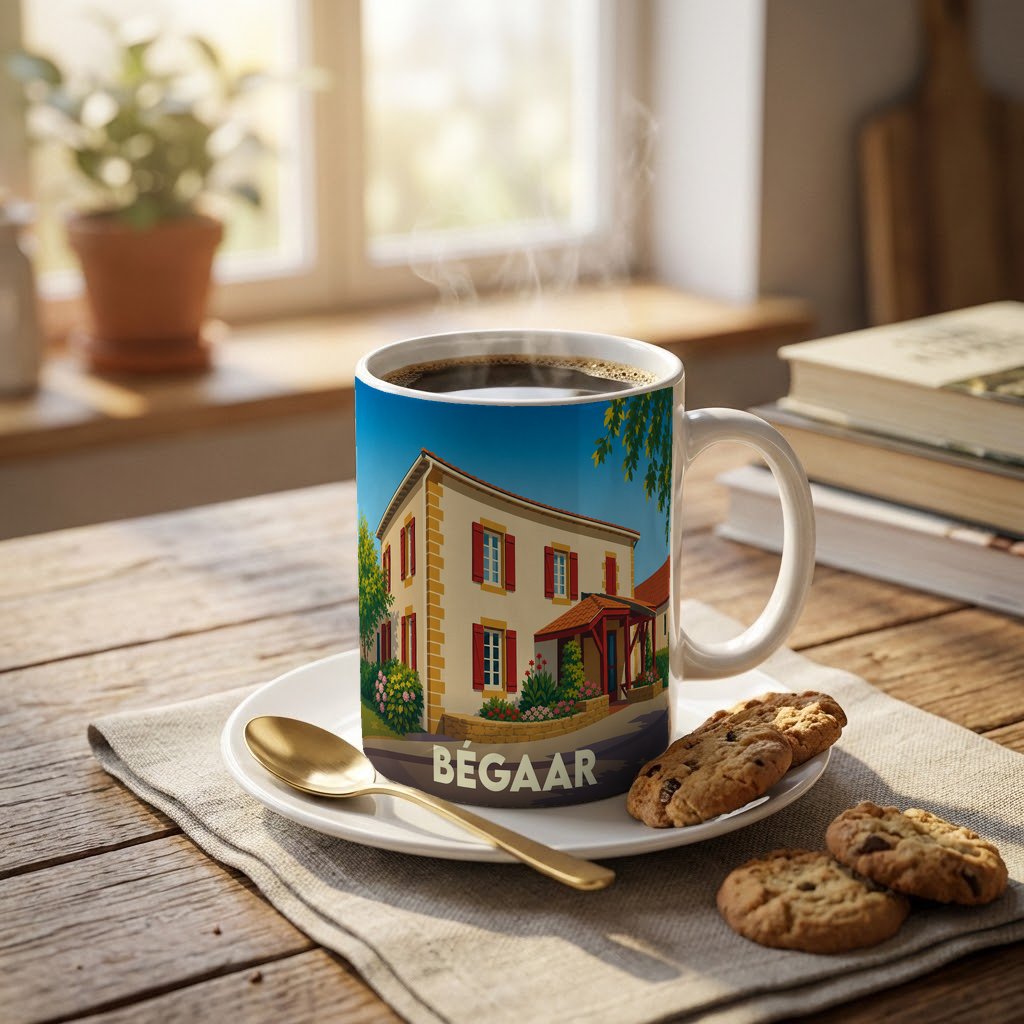 Mug souvenir de la ville de Bégaar orné d'une illustration stylisée d'une maison landaise.