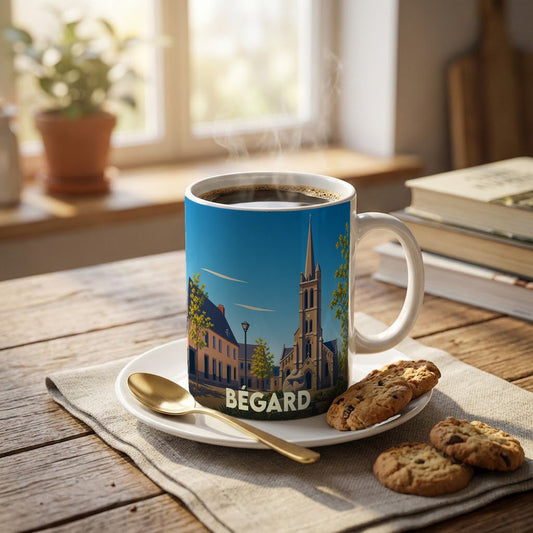 Mug souvenir de la ville de Bégard orné d'une illustration stylisée de son église et de ses maisons.