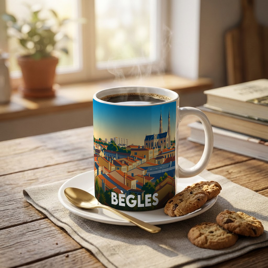 Mug souvenir de la ville de Bègles avec une illustration stylisée.