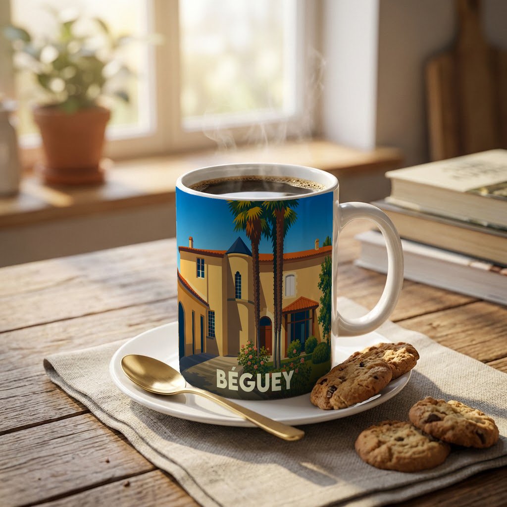 Mug souvenir de la ville de Béguey avec une illustration stylisée d'une maison de maître et de palmiers.