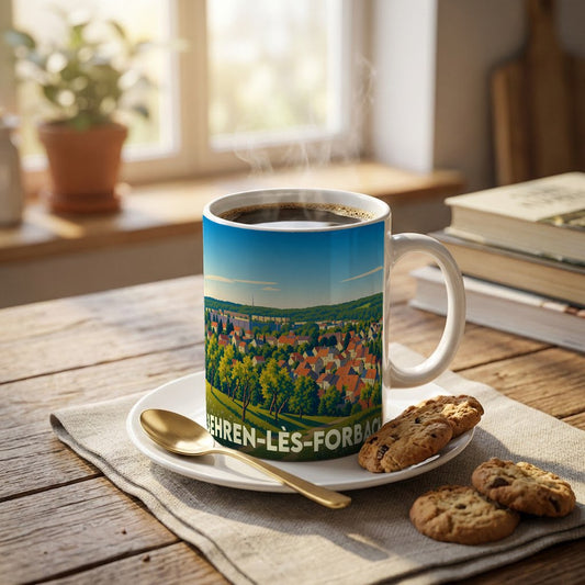 Mug souvenir de la ville de Behren-lès-Forbach avec une illustration stylisée.