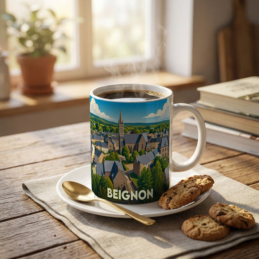Mug souvenir de la ville de Beignon avec une illustration stylisée.
