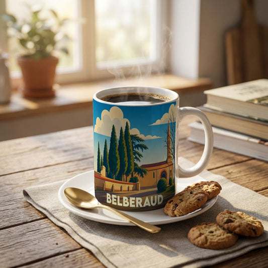 Mug souvenir de la ville de Belberaud avec une illustration stylisée d'un paysage local.