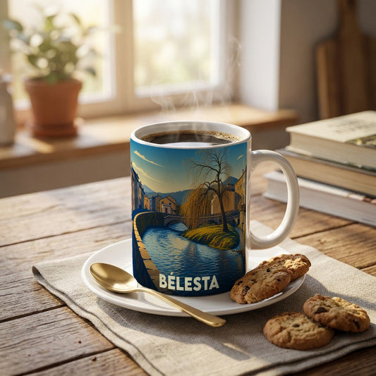 Mug souvenir de la ville de Bélesta orné d'une illustration stylisée d'un paysage fluvial.
