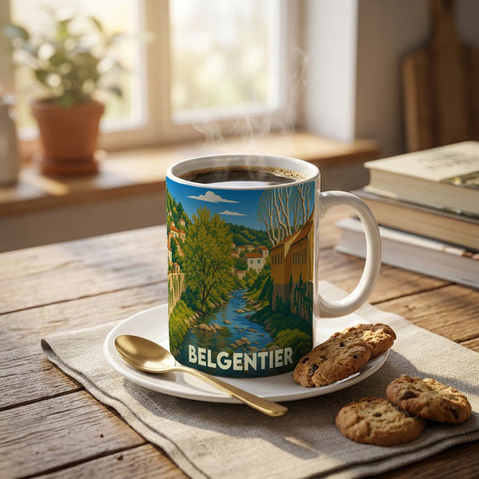 Mug souvenir de la ville de Belgentier avec une illustration stylisée d'un paysage provençal.