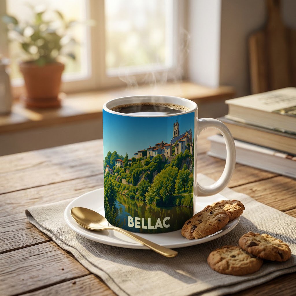 Mug souvenir de la ville de Bellac illustré d'un paysage urbain au bord de l'eau.