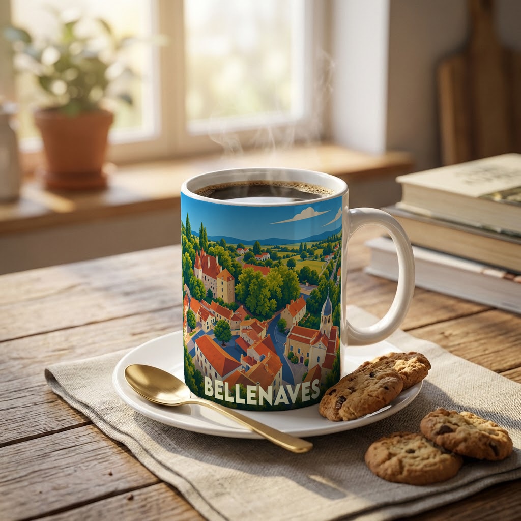Mug souvenir de la ville de Bellenaves orné d'une illustration colorée et stylisée de ses paysages.