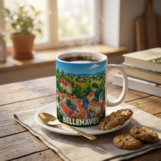 Mug souvenir de la ville de Bellenaves orné d'une illustration colorée et stylisée de ses paysages.