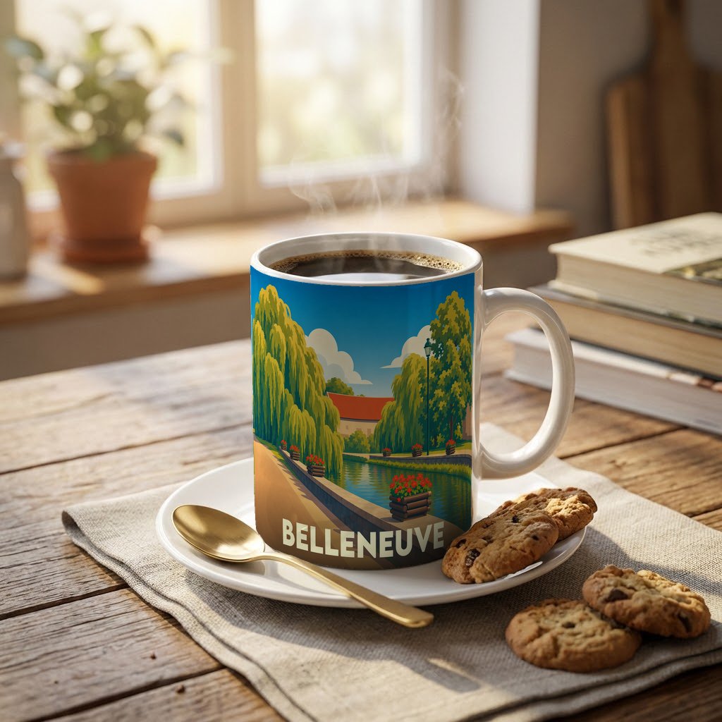 Mug souvenir de la ville de Belleneuve avec une illustration stylisée de ses paysages verdoyants.