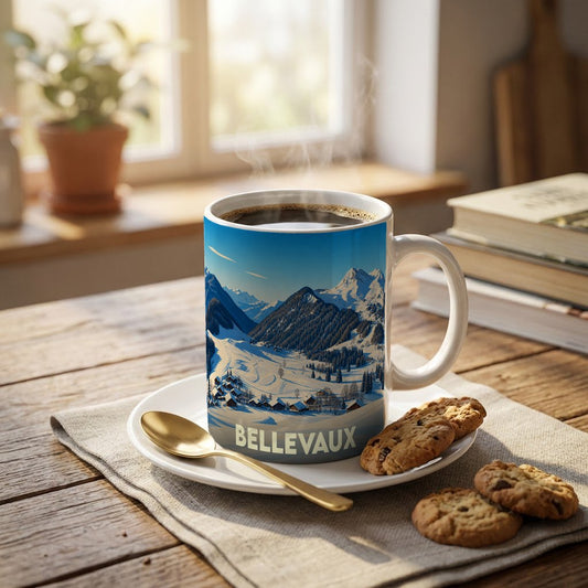 Mug souvenir de la ville de Bellevaux illustré d'un paysage de montagne enneigé.