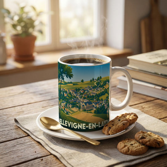 Mug souvenir de la ville de Bellevigne-en-Layon orné d'une illustration paysagère stylisée.