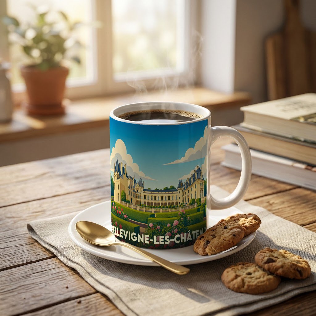 Mug souvenir de la ville de Bellevigne-les-Châteaux avec une illustration stylisée d'un château.