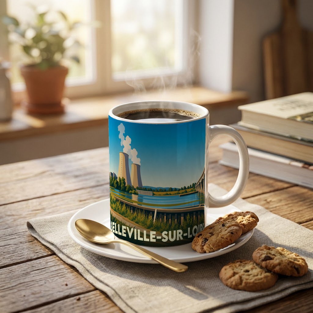 Mug souvenir de la ville de Belleville-sur-Loire orné d'une illustration stylisée de sa centrale nucléaire en bord de Loire.