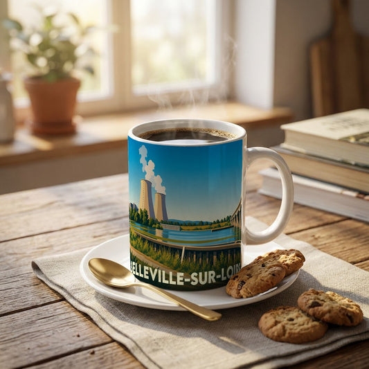 Mug souvenir de la ville de Belleville-sur-Loire orné d'une illustration stylisée de sa centrale nucléaire en bord de Loire.