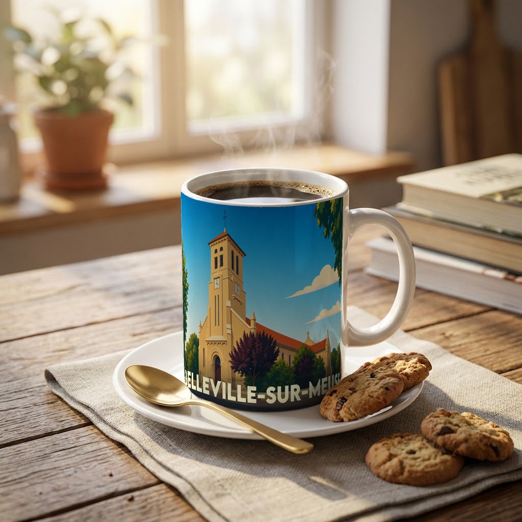 Mug souvenir de la ville de Belleville-sur-Meuse avec une illustration stylisée de son église.