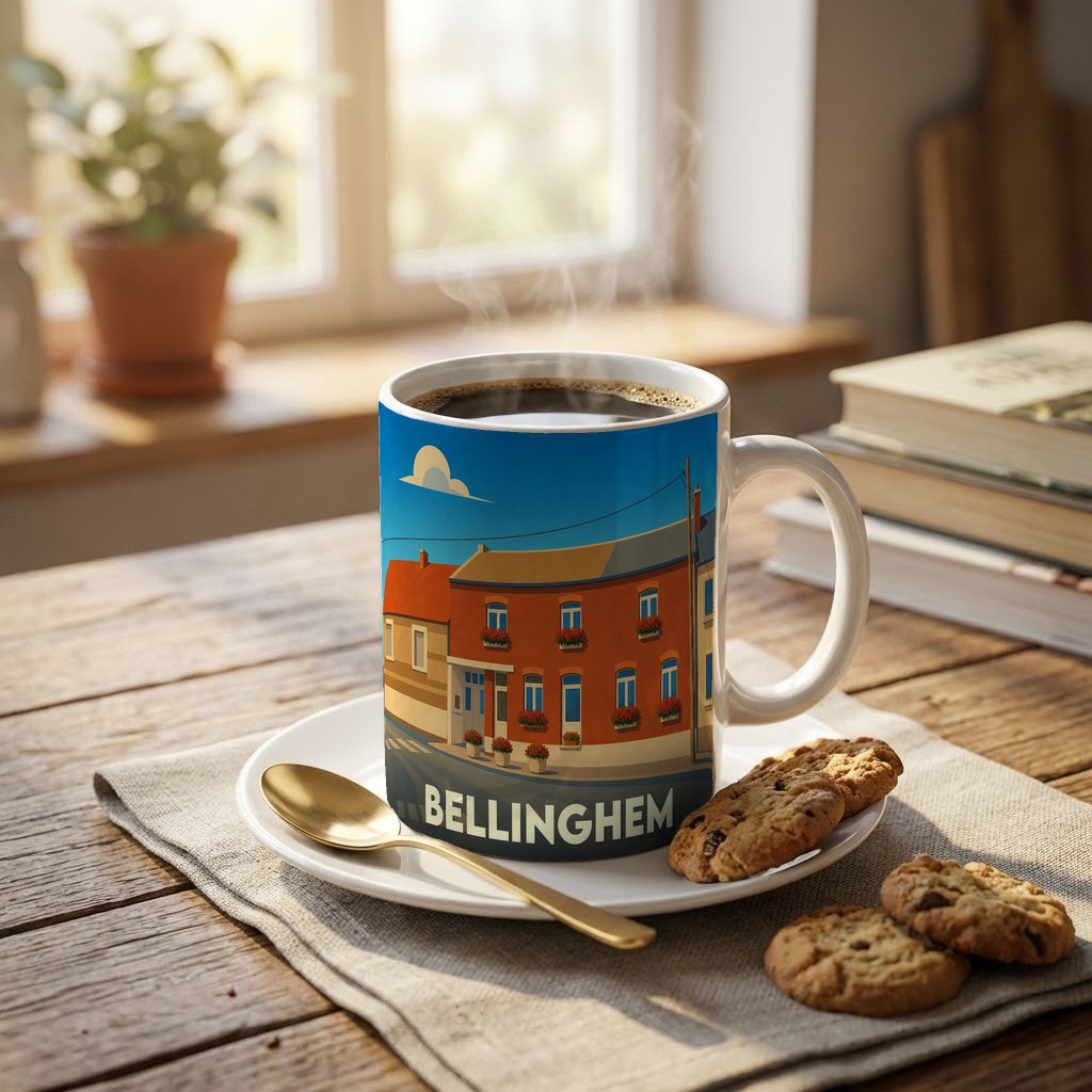 Mug souvenir de la ville de Bellinghem avec une illustration stylisée de ses façades colorées.