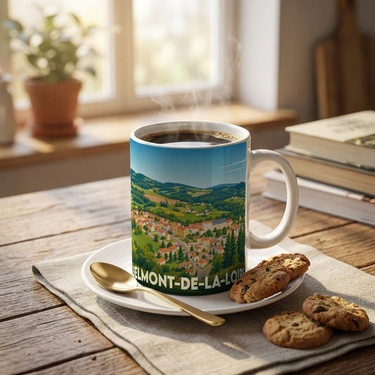 Mug souvenir de Belmont-de-la-Loire illustré d'un paysage de village vallonné.