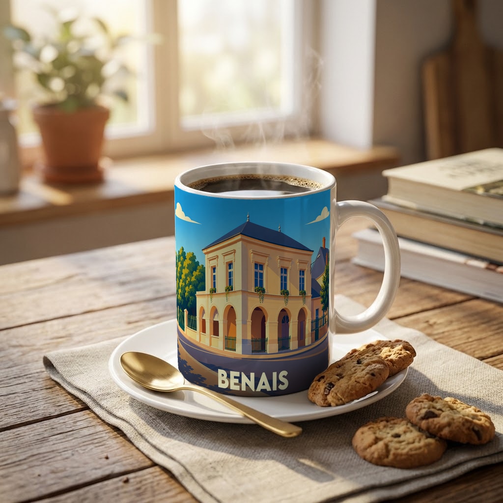 Mug souvenir de la ville de Benais orné d'une illustration stylisée de son architecture locale.