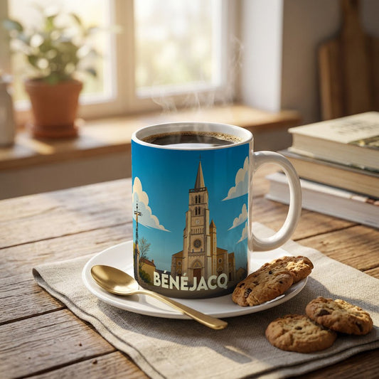 Mug souvenir de la ville de Bénéjacq illustré d'une église sous un ciel bleu.