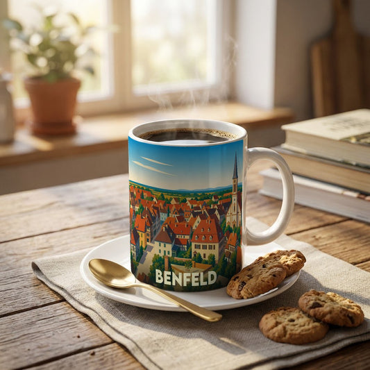Mug souvenir de la ville de Benfeld orné d'une illustration colorée de ses toits et de son église.