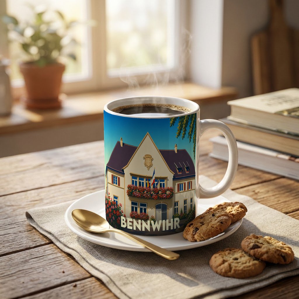 Mug souvenir de la ville de Bennwihr orné d'une illustration stylisée de la mairie fleurie.